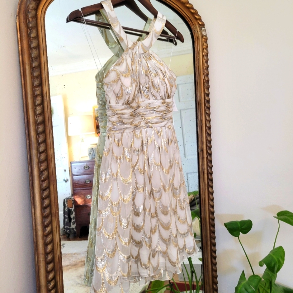 Aidan Mattox White Dress with Gold Sequin Scallop Detail